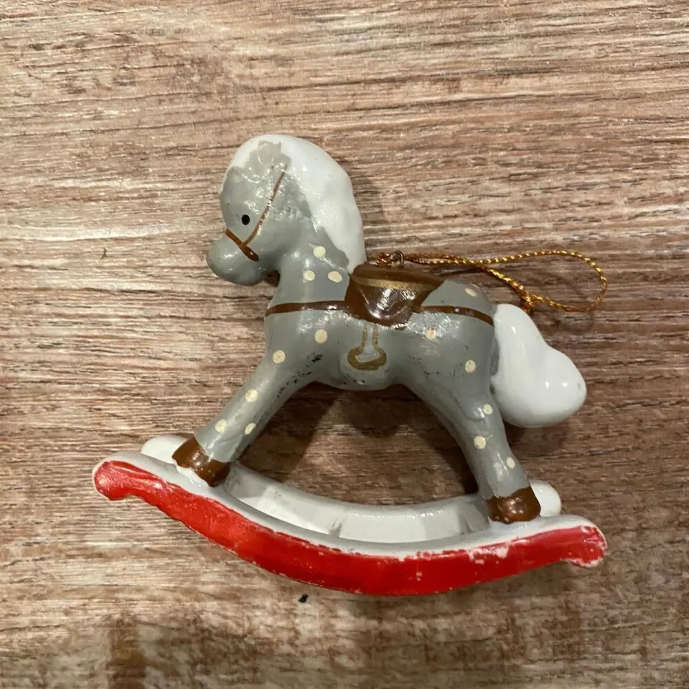 Vintage Kurt Adler Brown Tabby Cat and Polka Dot Rocking Horse Ornament Set of 2 - Picture 3 of 6